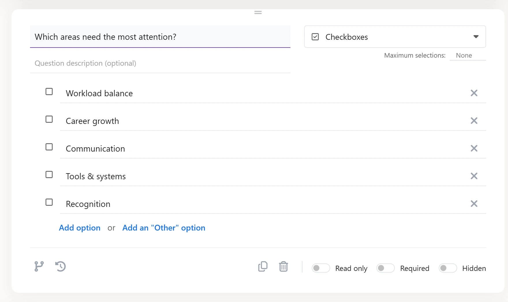 Focused builder card editing Which areas need the most attention checkbox options