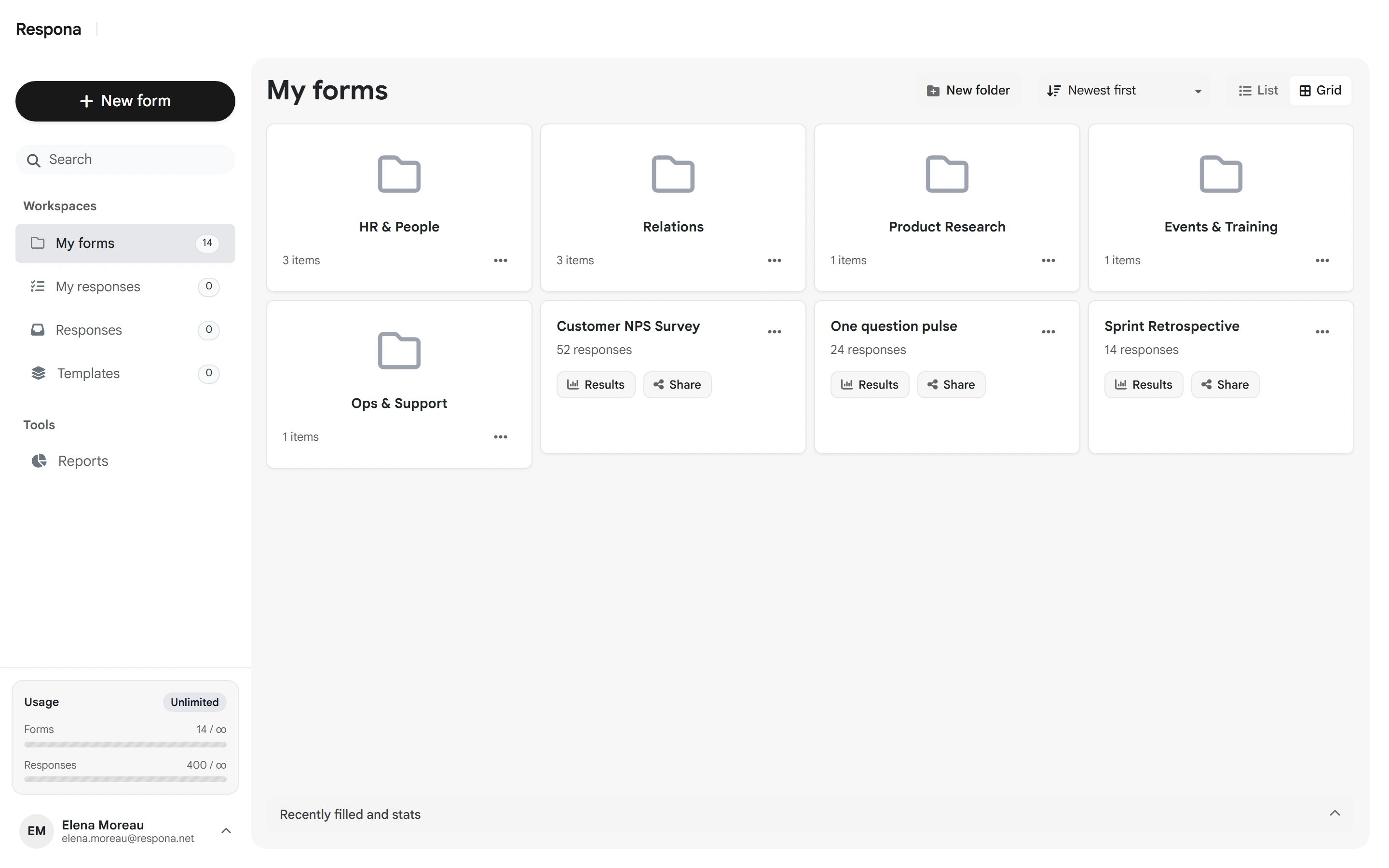 Respona dashboard My forms in grid card layout