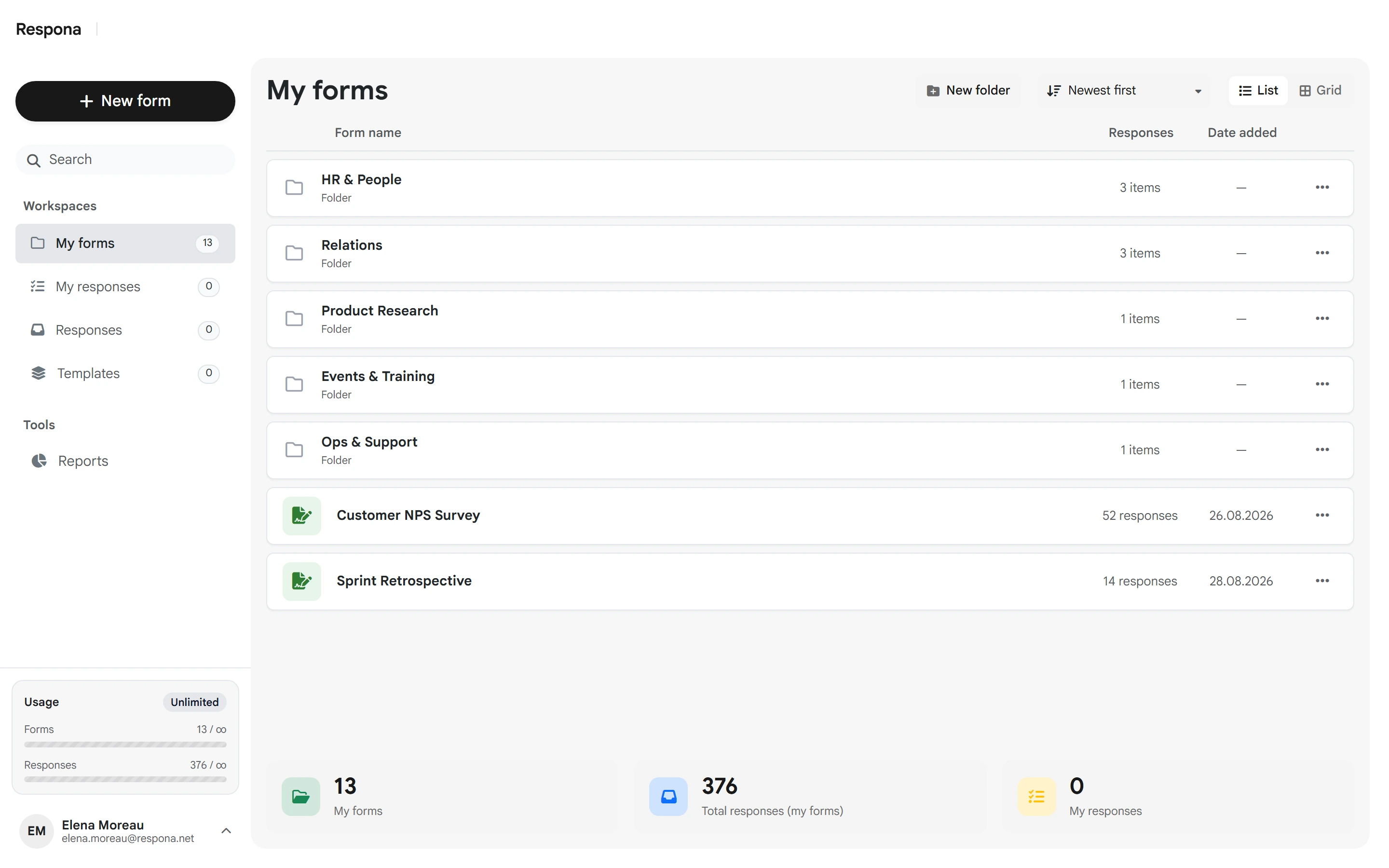 Respona dashboard showing My forms with folders and response counts