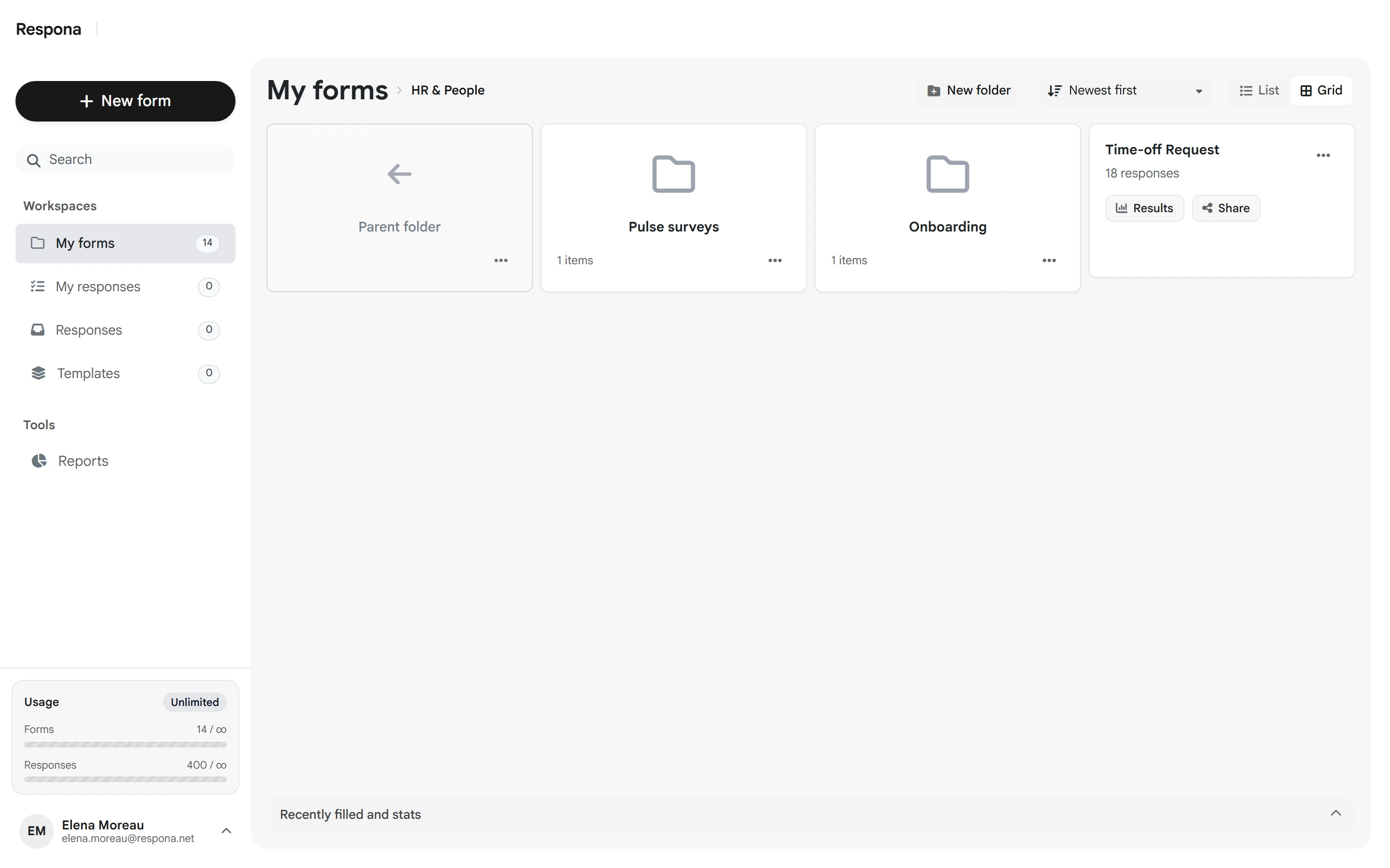 HR and People folder contents in grid card layout