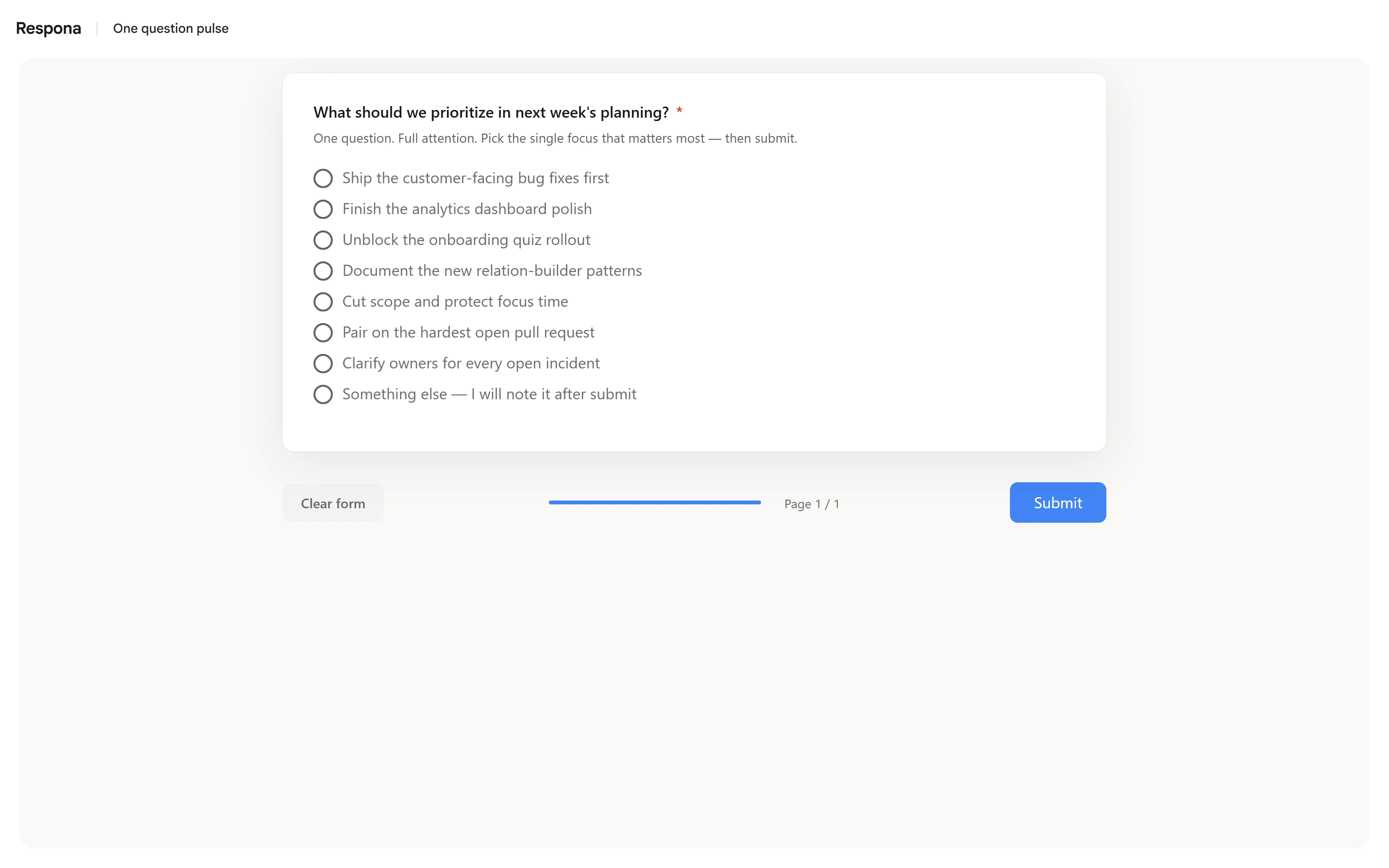 One question pulse fill screen with a full-height multiple-choice priority question