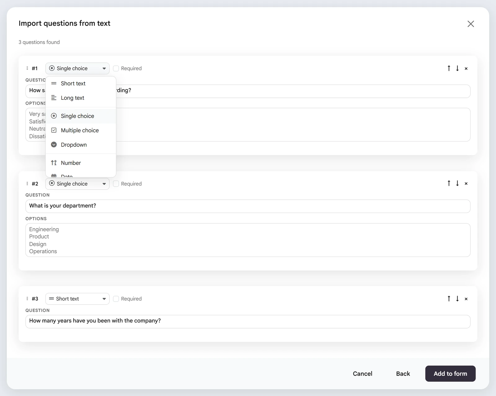 Import type menu open on a parsed question