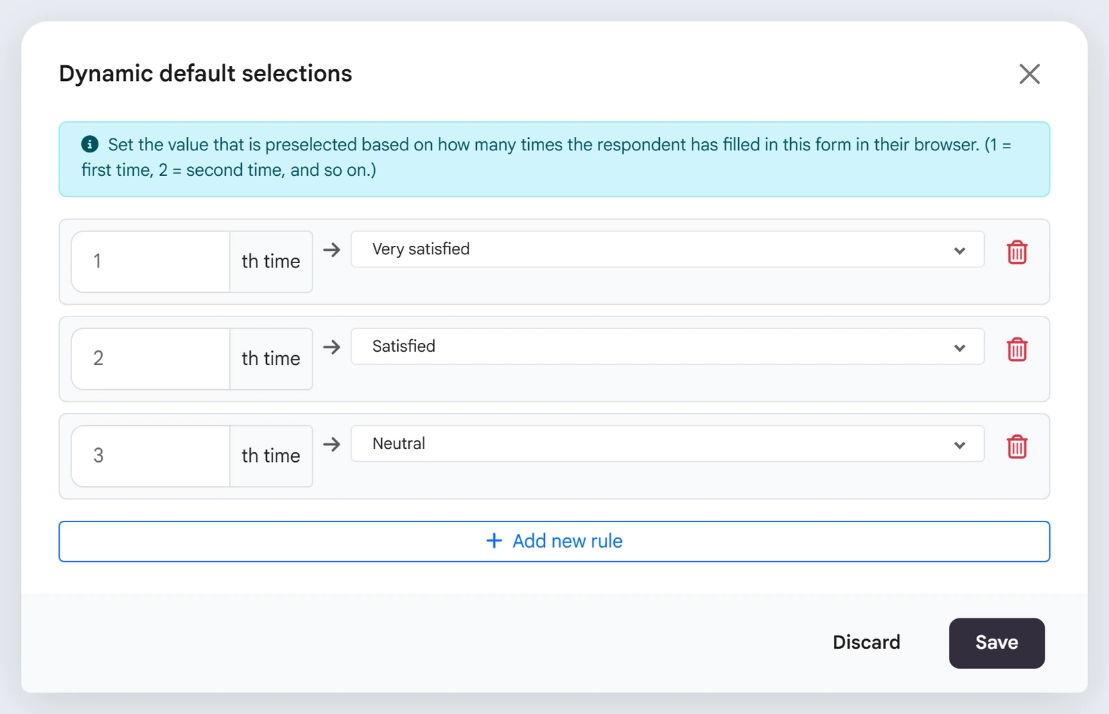 Dynamic default selections modal with first second and third visit rules