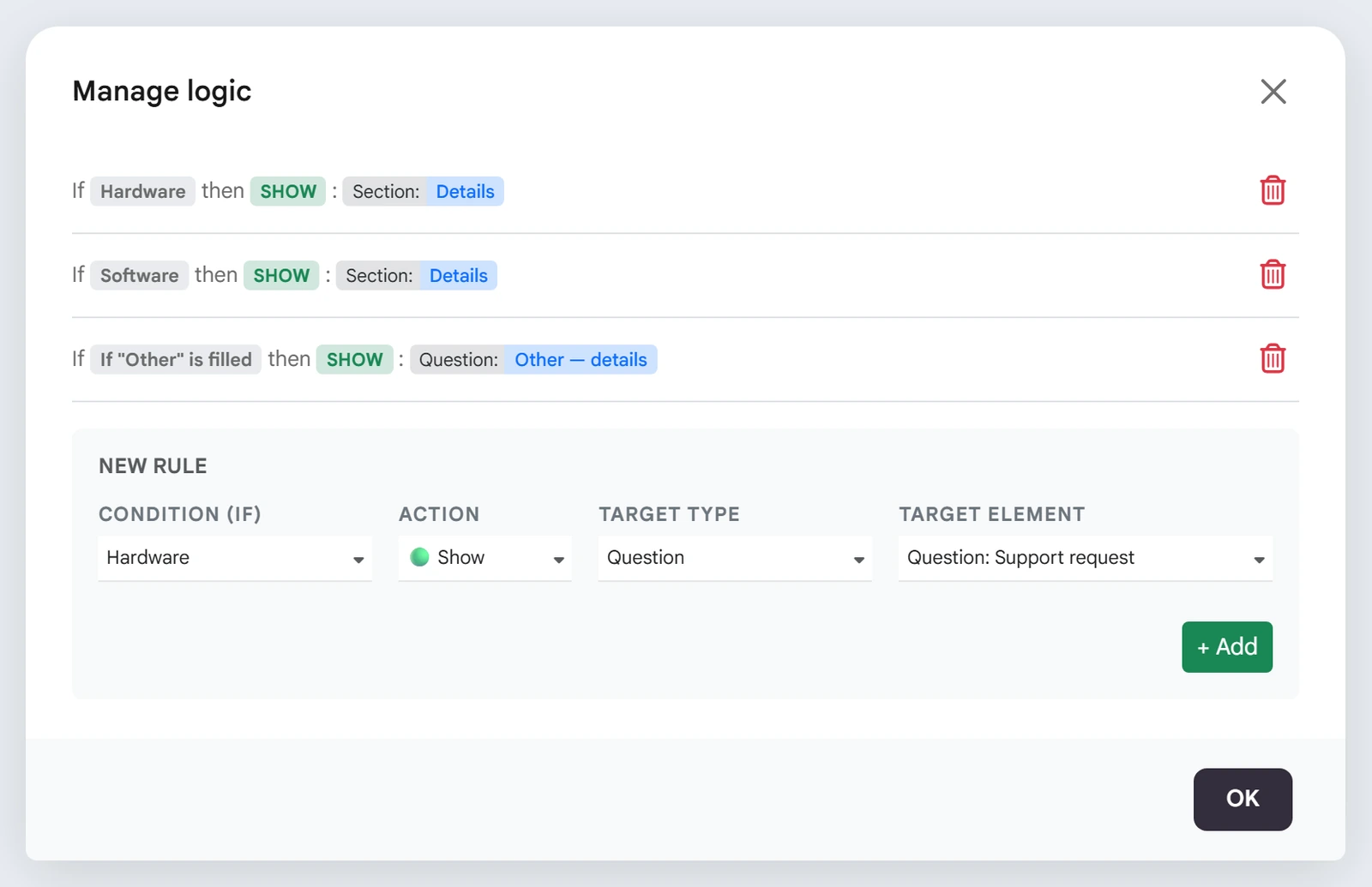 Manage logic modal with Hardware SHOW Details rules and a new-rule builder