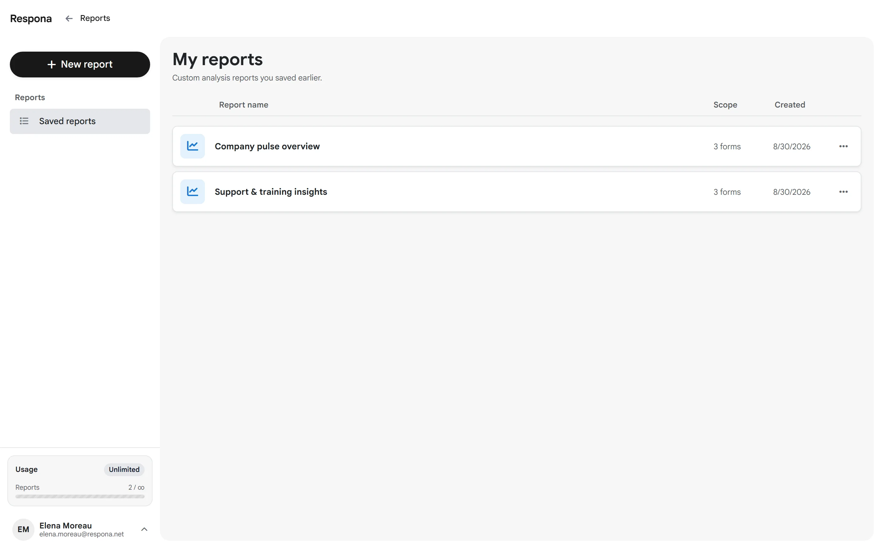 Reports list with company pulse and support insight analyses
