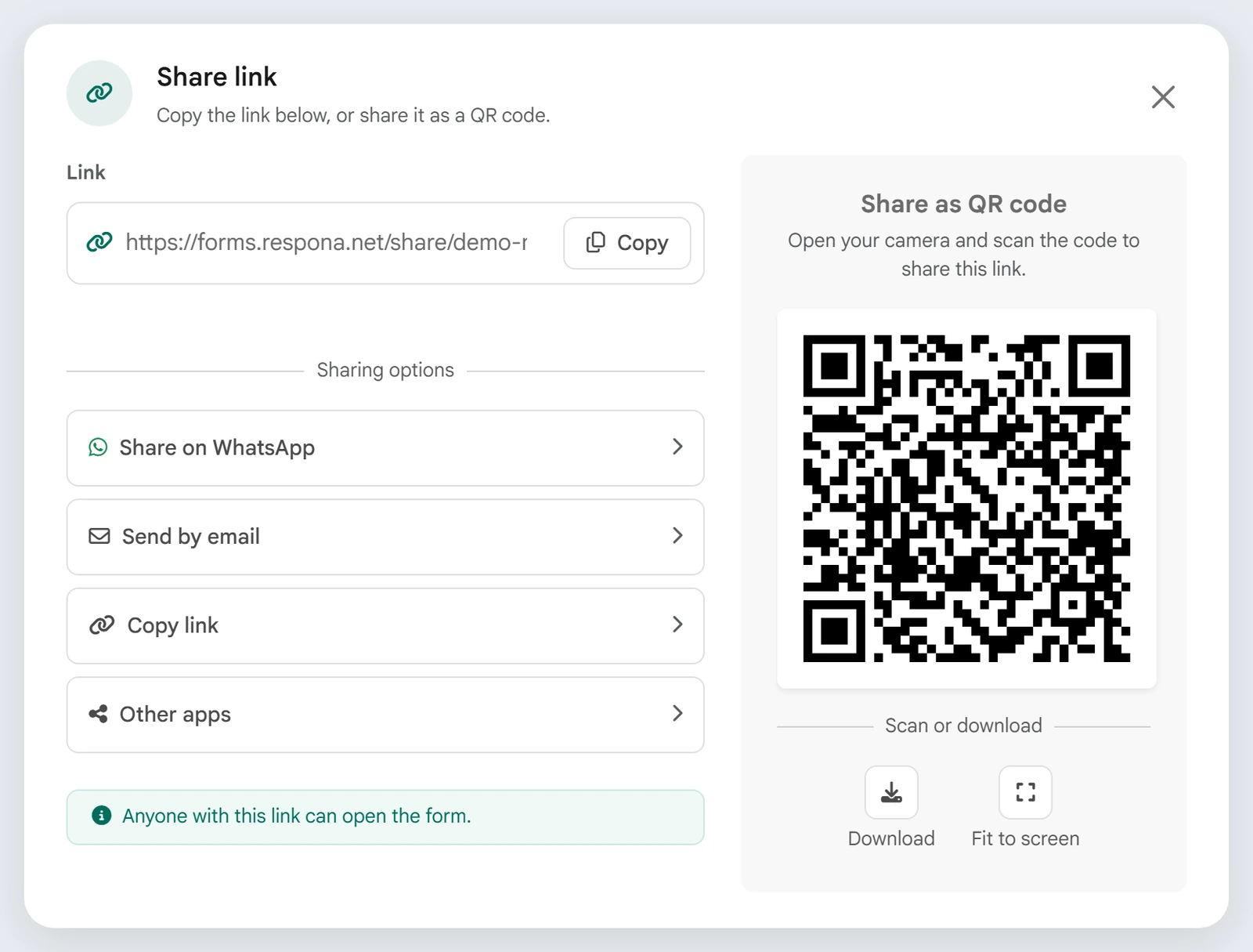 Share link dialog with copy actions and QR code