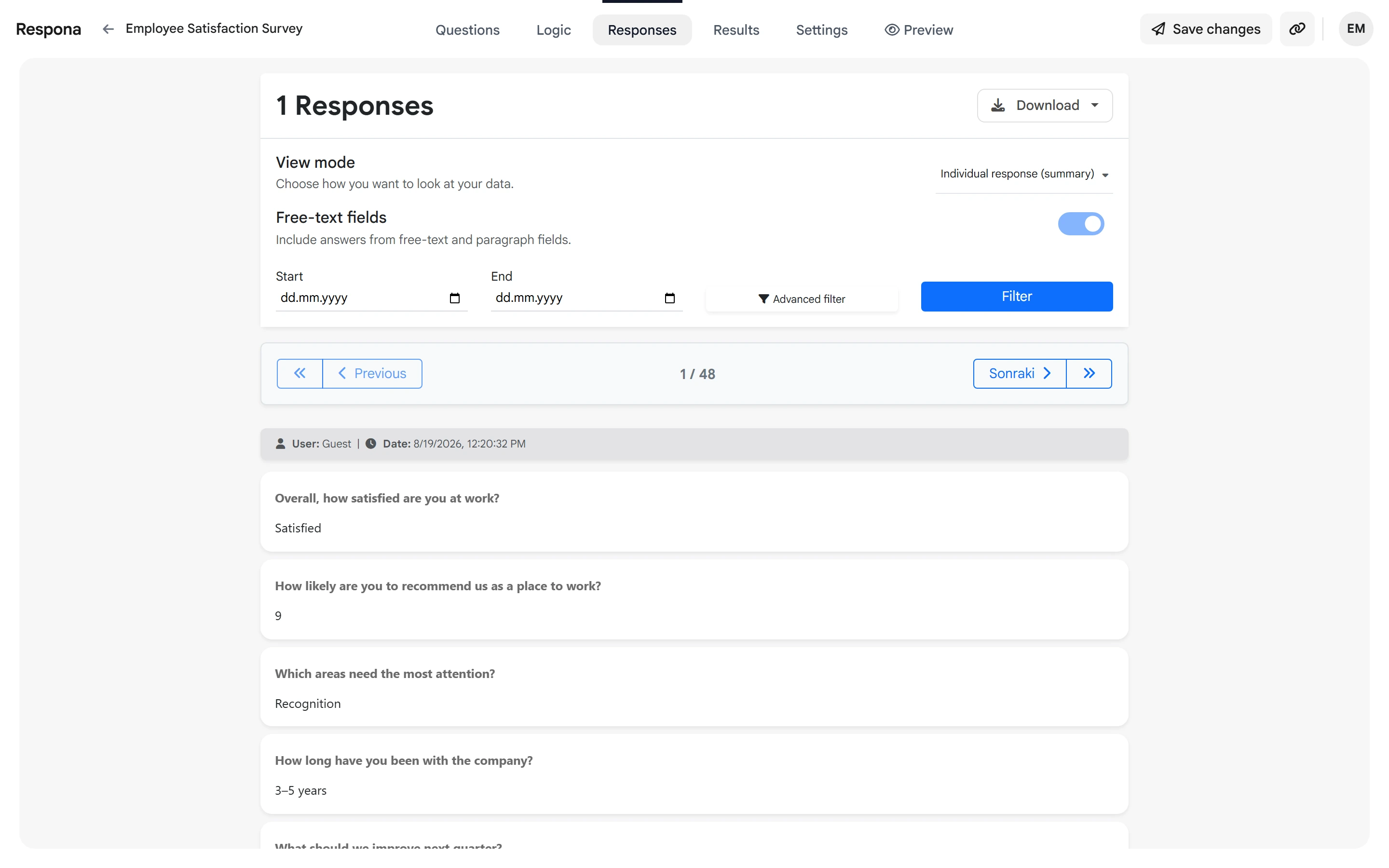 Statistics individual response summary view