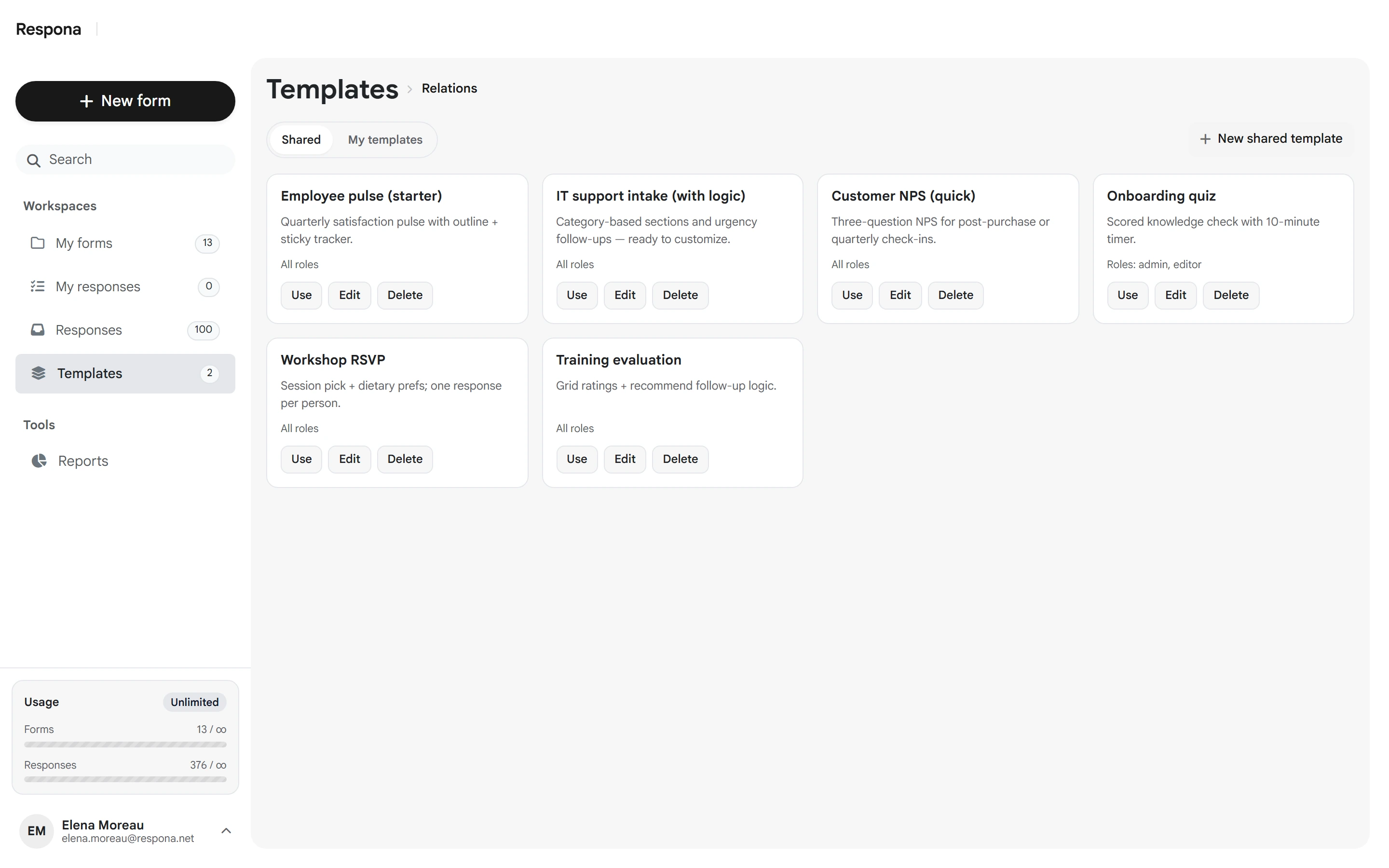 Templates gallery with shared and personal form starters